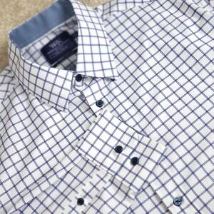 WRK 4-Way Stretch Button Shirt Men's 17.5 Blue White Pink Geometric Preppycore